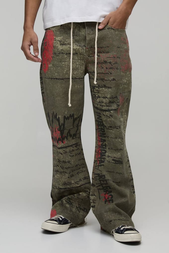 All-over Geprinte Relaxed Wijduitlopende Jeans met Touwriem | Size 36R