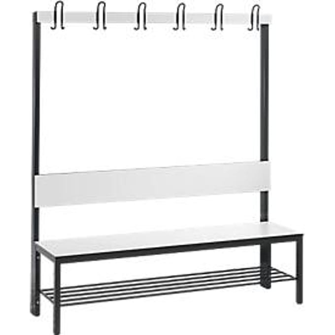 Garderobebank Basic Plus, 1-zijdig, rugleuning, met schoenenrek, onderstel zwartgrijs RAL 7021, B 1500 mm, decor wit