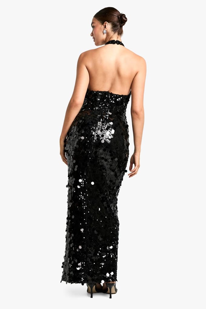 boohoo Dames Disc Sequin Halterneck Maxi Jurk | Zwart | Maat: 42