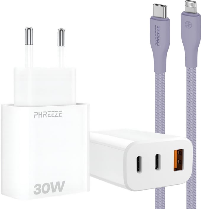 30w laadsetje geschikt voor iPhone en iPad met Lightning kabel 1m 3 poorten snellader adapter