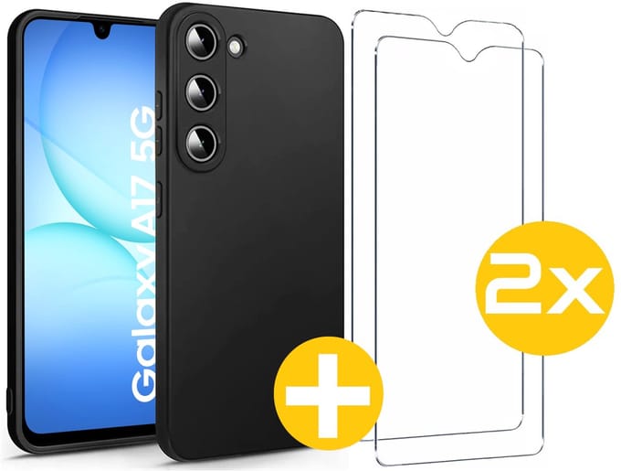 Hoesje en Screenprotector Combi Geschikt Voor Samsung Galaxy A17 - Zwarte Siliconen Hoesje + 2x Screenprotector