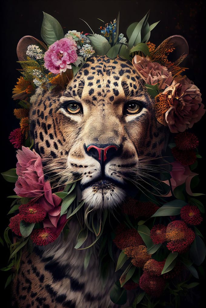 Glasschilderij 80x120cm Panter met bloemen
