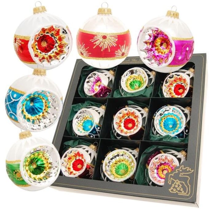 Krebs Glas Lauscha Retro Reflector Kerstballen – Set van 9 – Glas – Ø8 cm – Multicolor