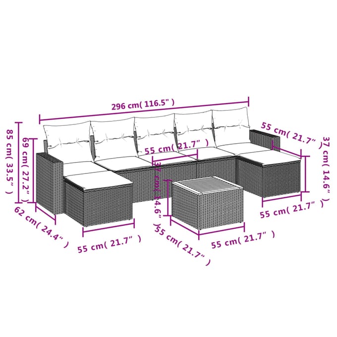 vidaXL - 8-delige - Loungeset - met - kussens - poly - rattan - beige