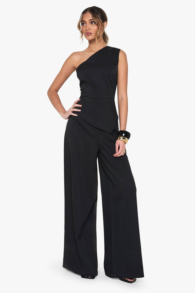 boohoo Dames Tailored One Shoulder Wide Leg Jumpsuit | Zwart | Maat: 42