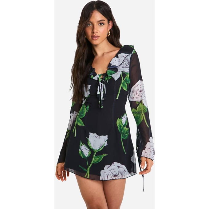 boohoo Dames Florale Chiffon Ruffle Shift Jurk | Black | Maat: 8