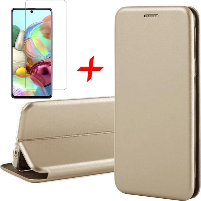 Hoesje geschikt voor Samsung Galaxy A71 - Screen Protector GlassGuard - Book Case Kunstleer ThinShield Goud & Screenprotector
