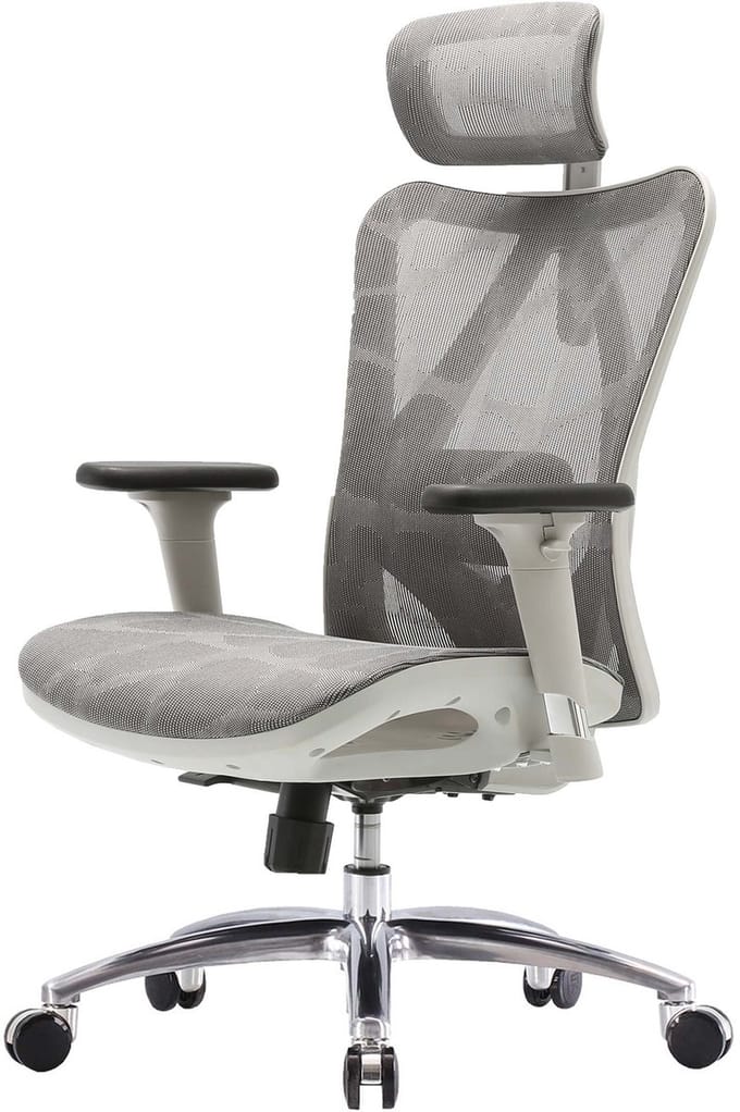 SIHOO bureaustoel bureaustoel, ergonomisch, verstelbare armleuning, 150kg belastbaar ~ grijze bekleding, wit frame
