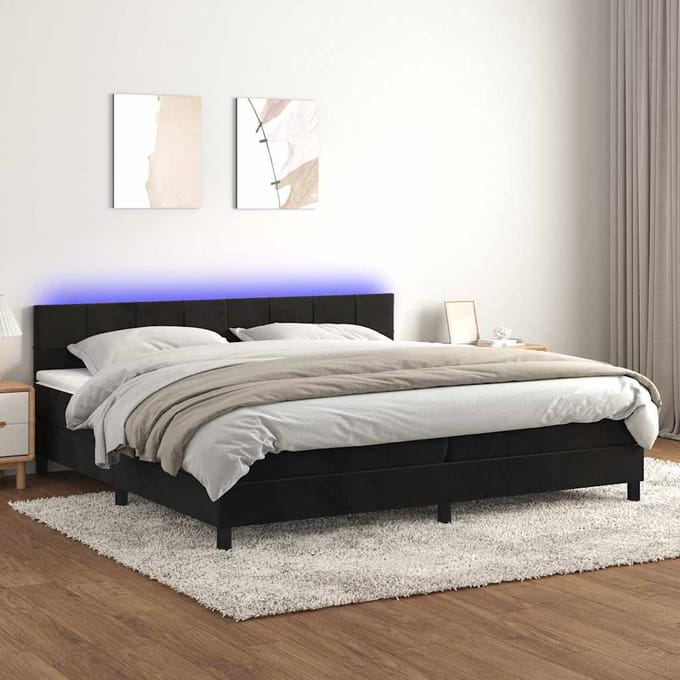 vidaXL - Boxspring - met - matras - en - LED - fluweel - zwart - 200x200 - cm