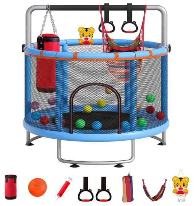 Kinder Trampoline Ø150 cm - Multifunctionele Trampoline met Basketbalring - Ringleuning - Ophangringen en Hangmat – Gegalvaniseerd Stalen Frame – Blauw