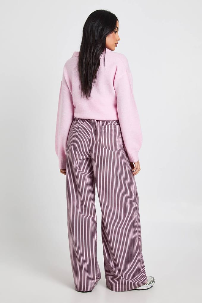 boohoo Dames Geweven Gestreepte Broek met Elastische Taille en Wijde Pijpen | Wijn | Maat: 34