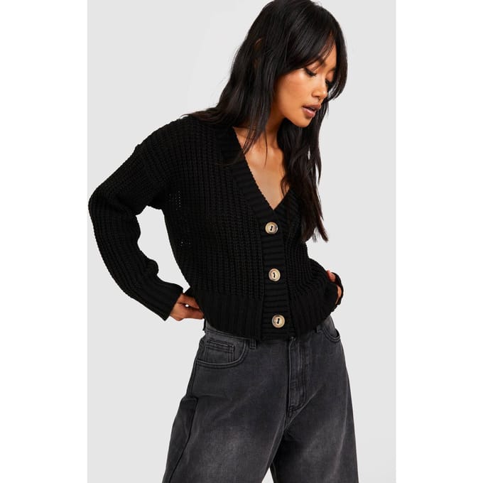 boohoo Dames Button Through Crop Cardigan | Zwart | Maat: Large