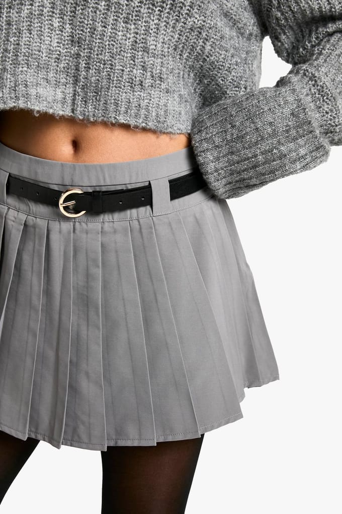 boohoo Dames Petite mini-rok met ceintuurdetail, geplooid en geweven | Grey | Maat: 12
