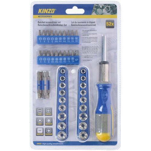 Kinzo Gereedschapset: Bitset/ Doppenset met Ratel - 52-Delig - Ergonomische Greep