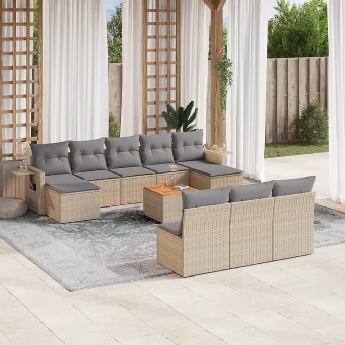 vidaXL - 11-delige - Tuinset - met - kussens - poly - rattan - beige