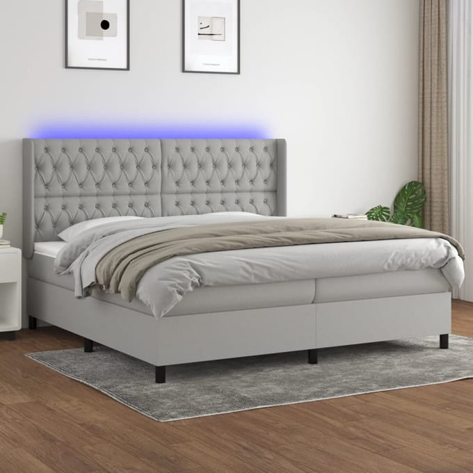 vidaXL - Boxspring - met - matras - en - LED - stof - lichtgrijs - 200x200 - cm
