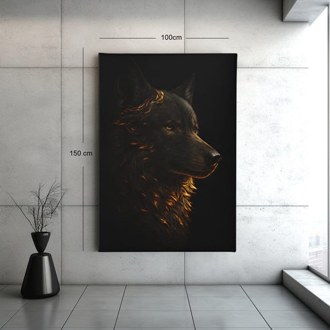Canvas Schilderij – Donkere Wolf met Gouden Glans - 60x40x2 cm