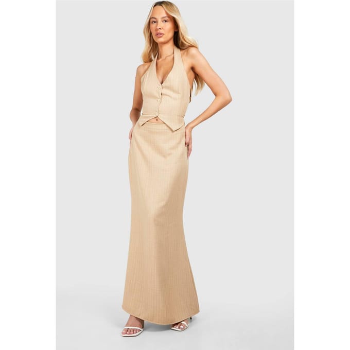 boohoo Dames Lange geweven pinstripe maxi-rok | Steen | Maat: 42