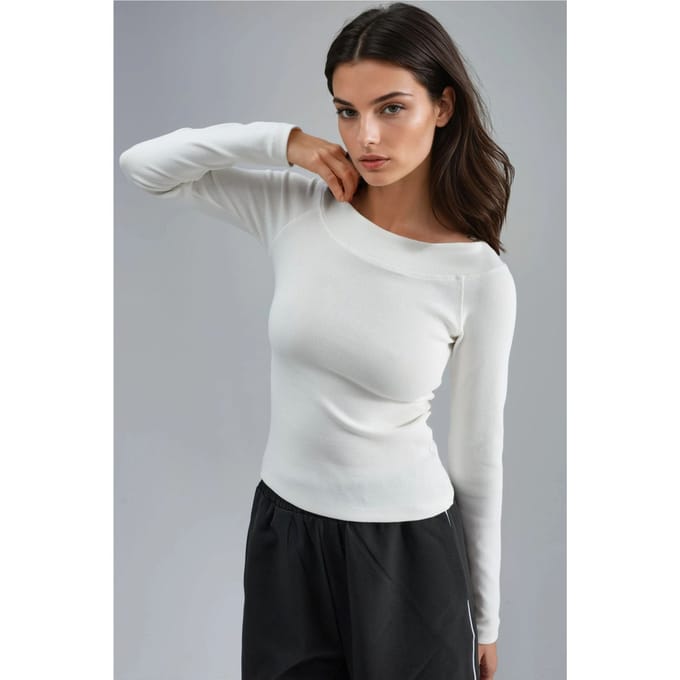 Slim Fit Geribbelde Bootneck Blouse