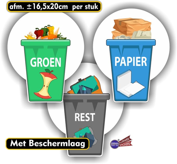Jerma - Recycling - Stickers – 3 St - 16.5x20 cm - GFT Papier Plastic Rest - Zelfklevend - Vinyl