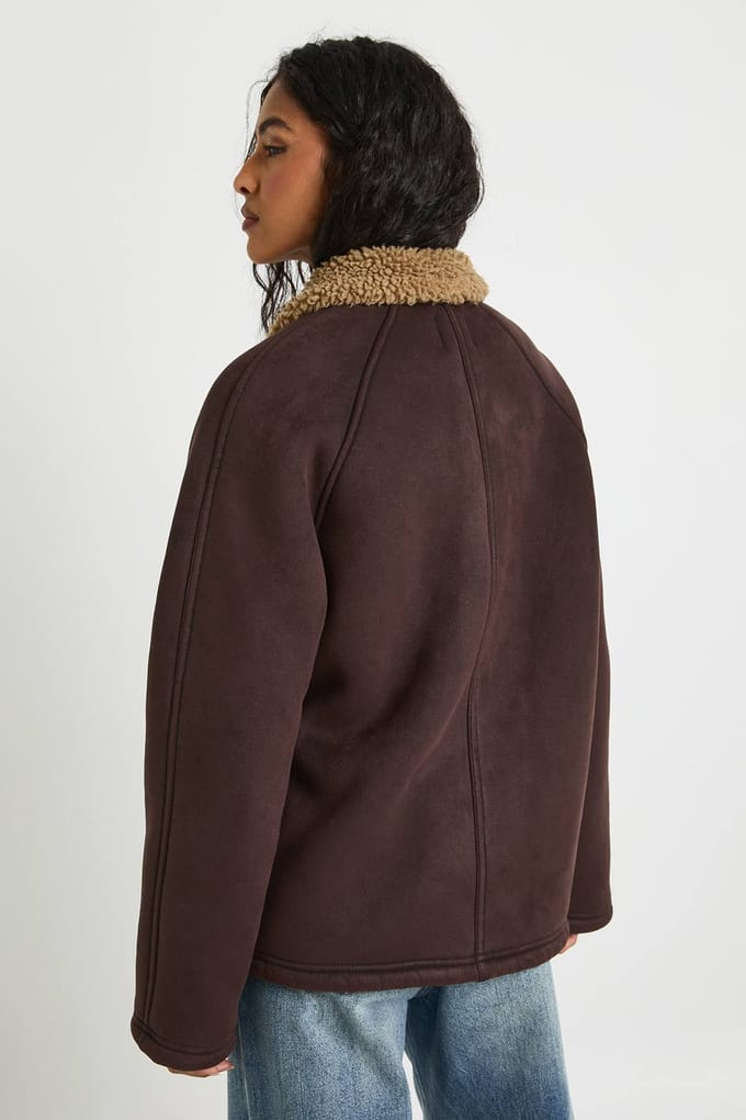 boohoo Dames Nep suede pilotenjas met wanten | Chocolate | Maat: 8