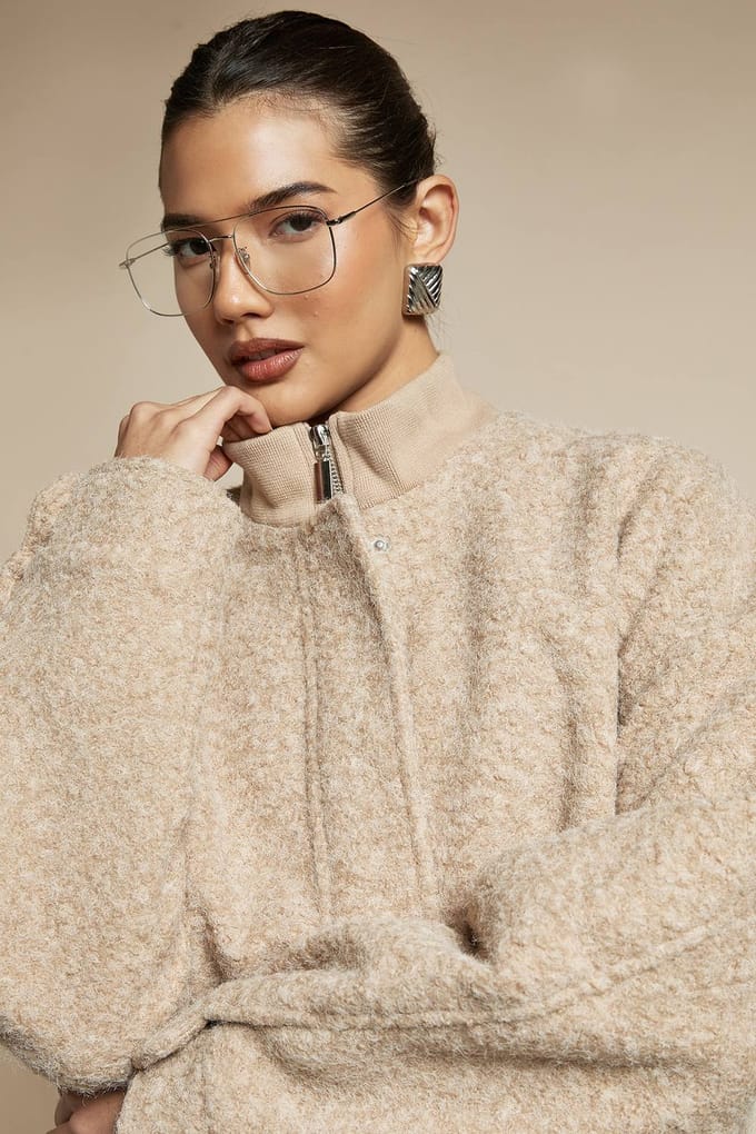 boohoo Dames Boucle Wool Look Bomber Jacket | Beige | Maat: 8