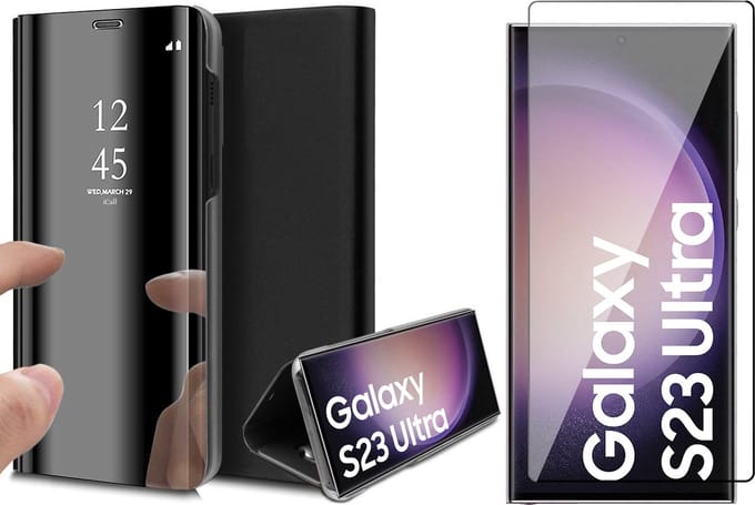 Hoesje geschikt voor Samsung Galaxy S23 Ultra - Screen Protector FullGuard - Book Case Spiegel Zwart & Screenprotector