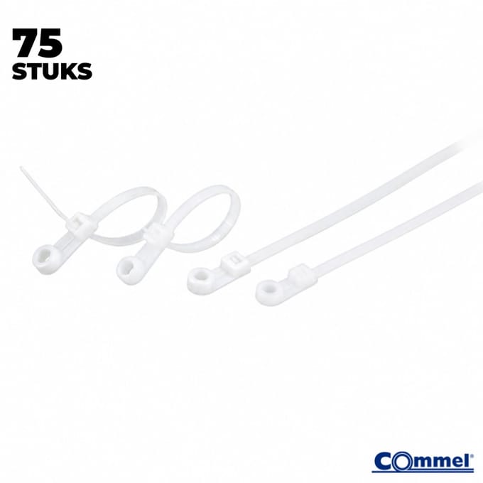 75x Commel Kabelbinders met Bevestigingsoog - ⌀6.2 mm - 381 x 7.6 mm - Wit - Nylon - Treksterkte 55kg
