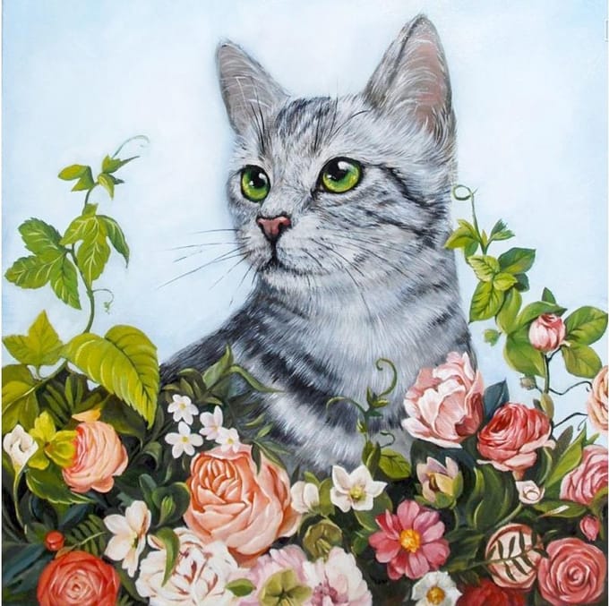 Wizardi Diamond Painting Kit Flower Cat WD2509