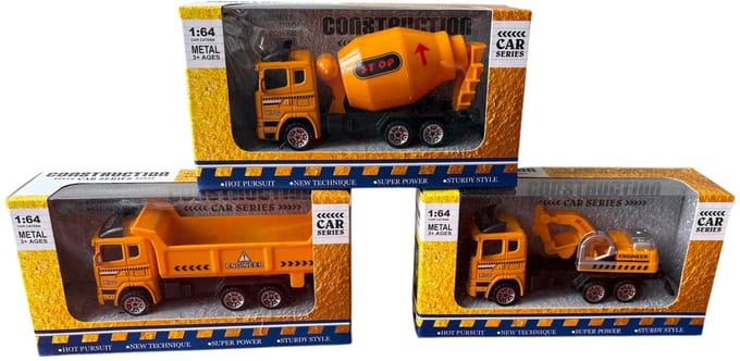 set van 3 mix bouwauto’s vrachtwagens geel