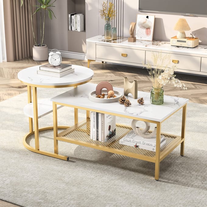 Salontafel Set 2-delig – Wit Marmerlook met Goudkleurig Frame en Opbergruimte
