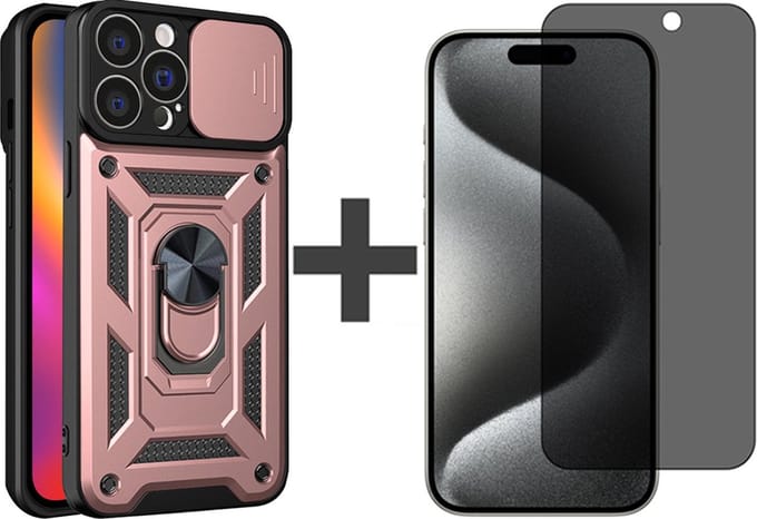 Hoesje met Privacy screenprotector Geschikt voor iPhone 15 Pro Max met Ringhouder en Camera schuifje - Arara backcover - Rosegoud