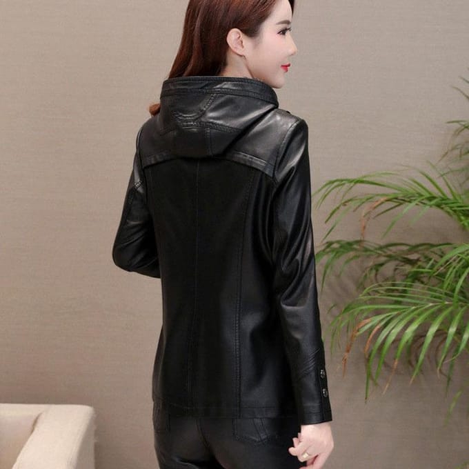 Veste en cuir de mouton pour femme automne hiver grande taille veste en cuir véritable veste de moto à capuche mince manteaux en peau de mouton L noir