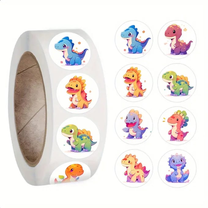 DW4Trading Stickerrol Vrolijke Dinosaurus 500 stuks - Sluitstickers - Ø 2,5 cm