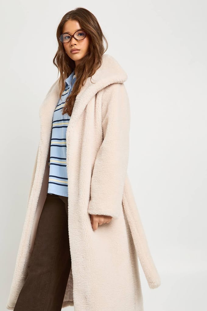 boohoo Dames Shawl-kraag met riem Borg jas | Cream | Maat: 16