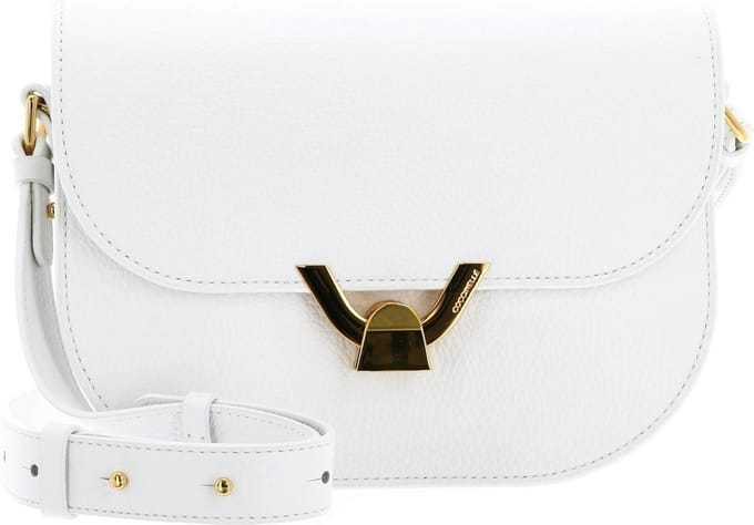 COCCINELLE Leren Schoudertas Dew Crossbody Grained Leather Brillant White Wit