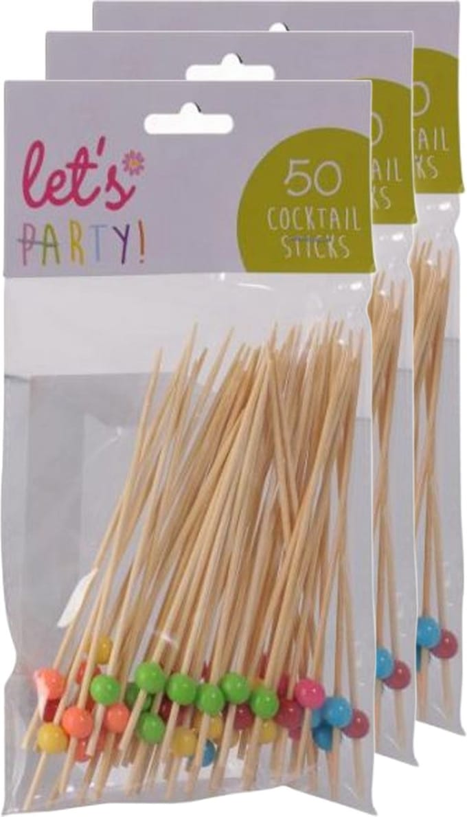 Excellent Houseware Cocktailprikkers met balletje - 150x stuks - bamboe