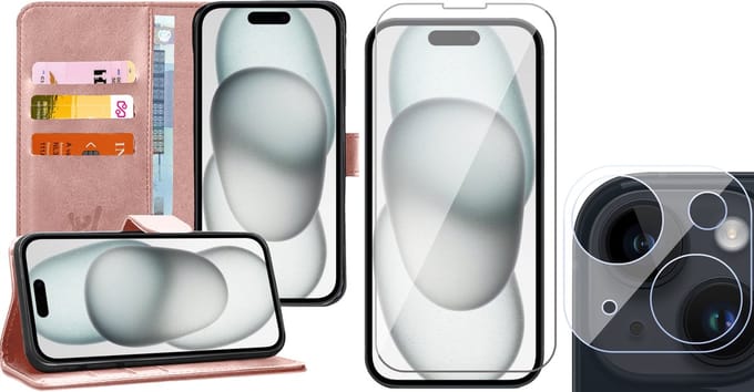Hoesje geschikt voor iPhone 15 Plus - Screenprotector GlassGuard & Camera Lens Screen Protector - Book Case Kunstleer Pasjeshouder Rosegoud