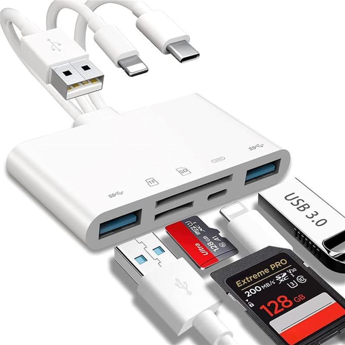 SD TF Geheugenkaartlezer 5 In 1 USB OTG Adapter USB Type C Lightning 3 Poort voor iPhone Macbook Samsung Huawei PC Accessoires wit