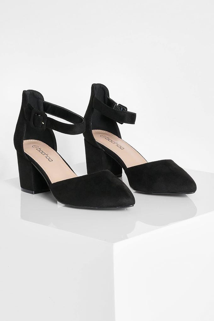boohoo Dames Ballet met brede pasvorm, gesp en blokhak | Zwart | Maat: 38