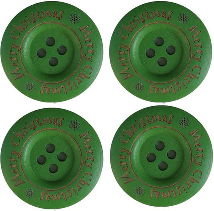 Houten Knoop - Button - Wood - Merry Christmas - 35mm - Groen - 4 stuks