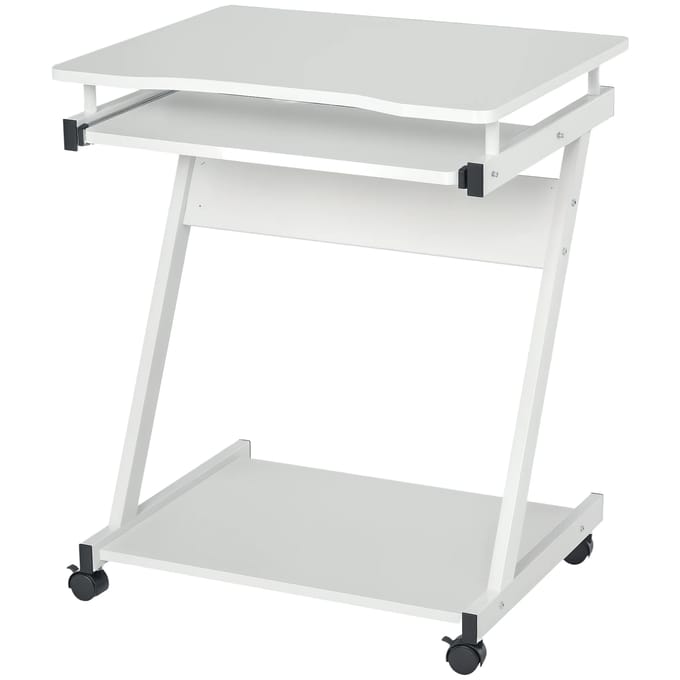 HOMCOM rollend computerbureau - Mobiel bureau - computertafel - schuifbaar toetsenbord + plank - wit Ivoor