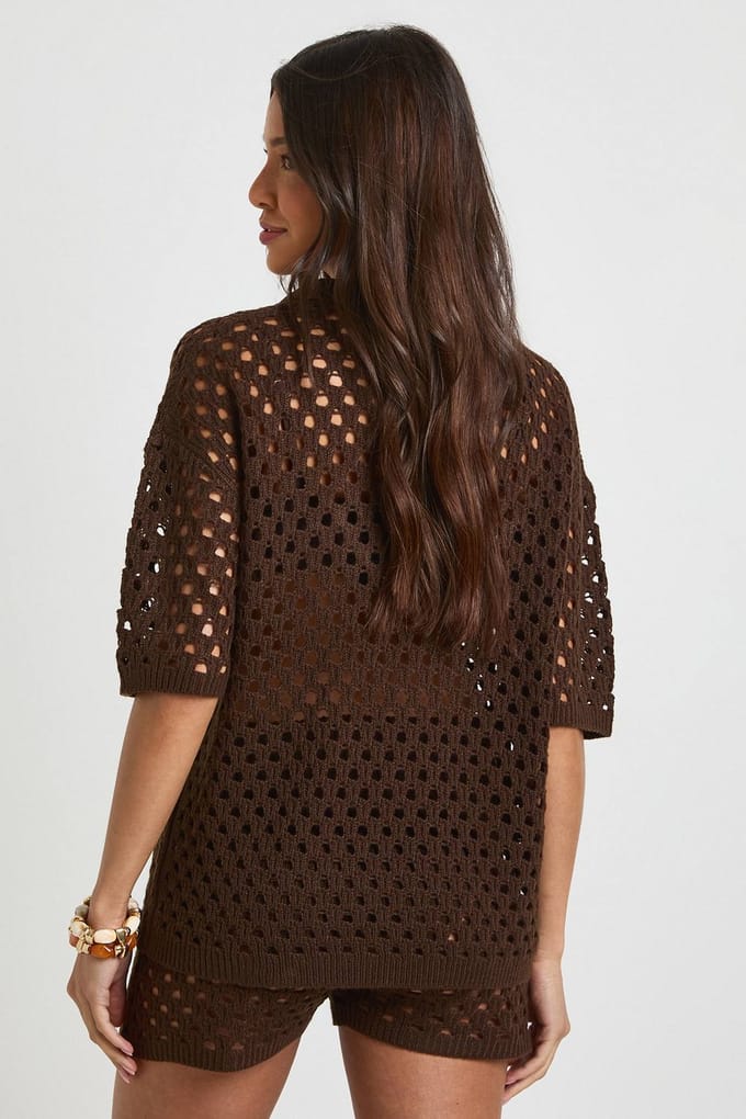 boohoo Dames Gehaakte Oversized Gebreide Strandblouse En Short Set | Chocoladebruin | Maat: Medium