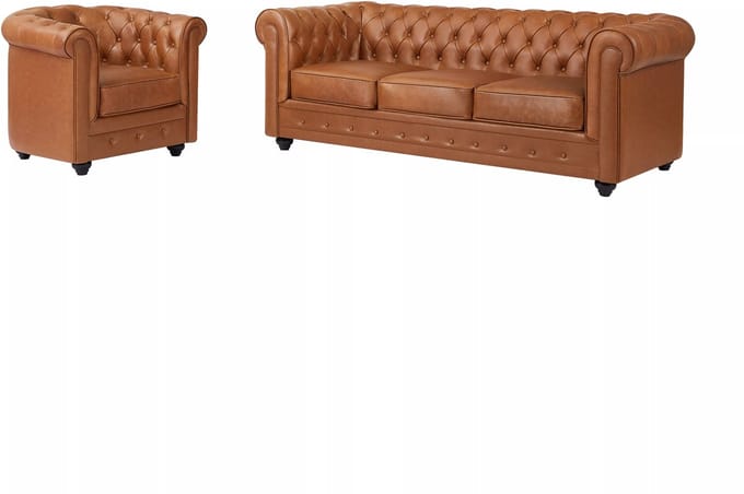 Vente-unique Driezitsbank en fauteuil van camelkleurig vaarsleer CHESTERFIELD