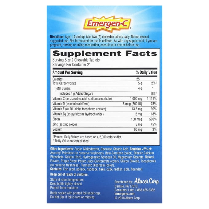 Emergen-C, Immune Plus avec vitamine D, Orange Blast, 42 comprimés à croquer