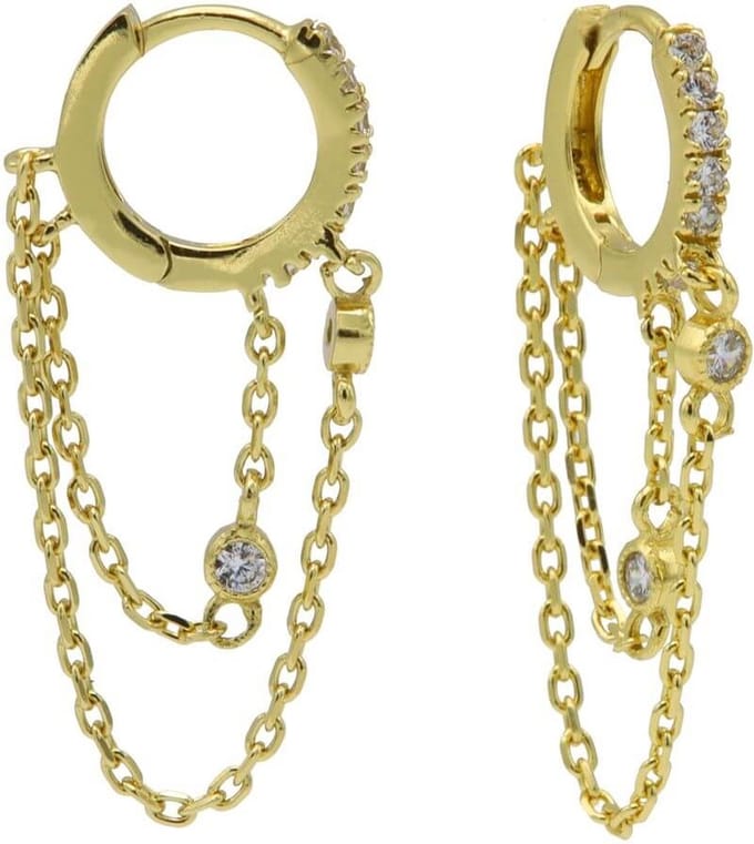 Karma Oorringen Plain Zirconia Hinged Hoops Double Chain 12mm Goud