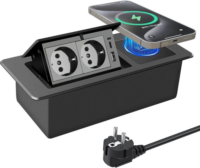 Inschuifbaar Inbouwstopcontact met USB-C, Draadloos Opladen en Dubbele Stekker