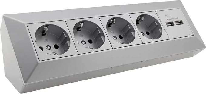 4-voudig stopcontactblok + 2x USB, zilver 250V~/16A