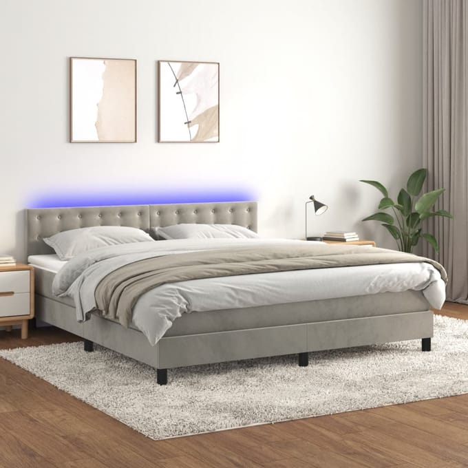 vidaXL - Boxspring - met - matras - en - LED - fluweel - lichtgrijs - 180x200 - cm
