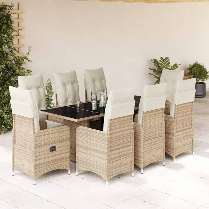 vidaXL - 9-delige - Bistroset - met - kussens - poly - rattan - beige